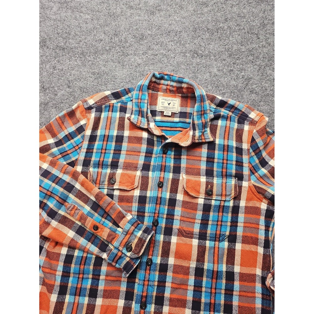 American Eagle Plaid Flannel Shirt Men's Large Blue Orange Heavyweight Button Up